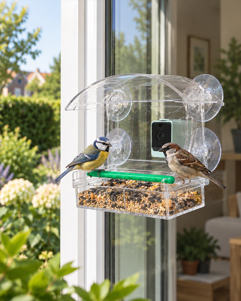 Doorzichtig raamvoederhuisje aan schoon glas met een huismus op de rand, gefotografeerd van binnenuit