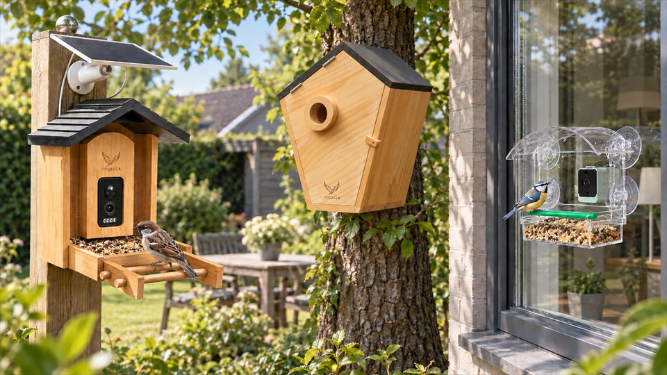 Vier echte Voqella-productvormen voor nest, tuin, water en raam, naast elkaar