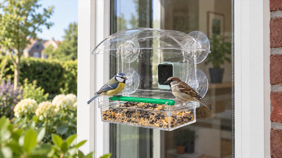Telefoon met neutraal testbeeld van een eigen voerplek, zonder mensen of naburige tuin in beeld
