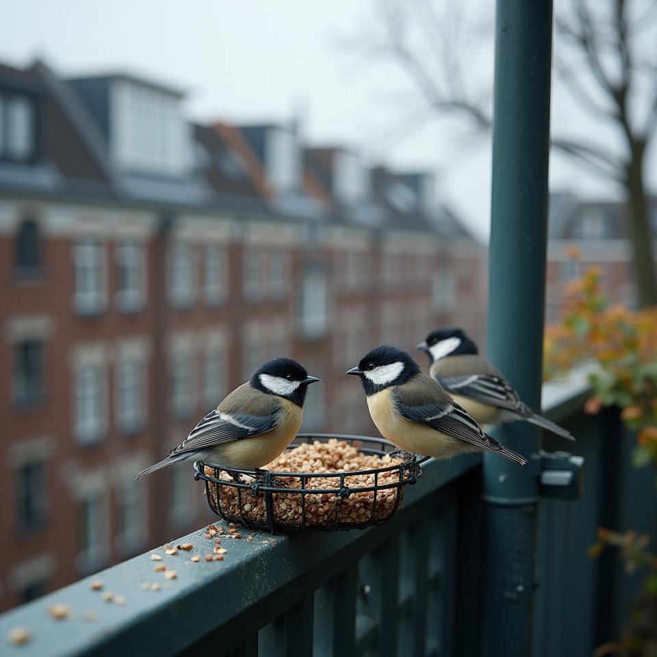 Stadbalkon met stevige plantenbakken, ondiepe waterschaal en een pimpelmees op de reling