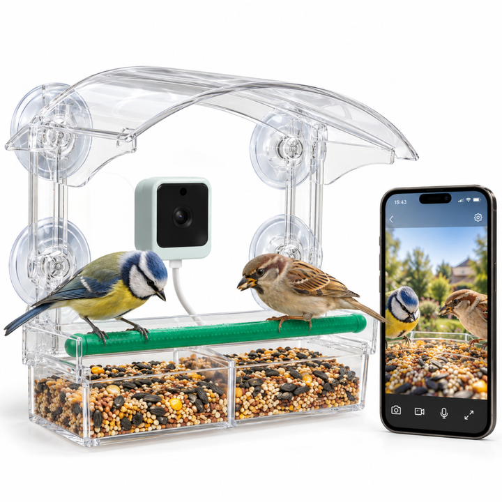 Vogelvoederhuisje met camera voor het raam