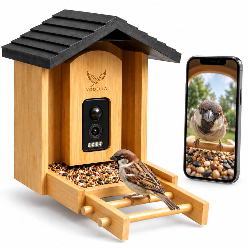 Houten vogelvoederhuisje met camera